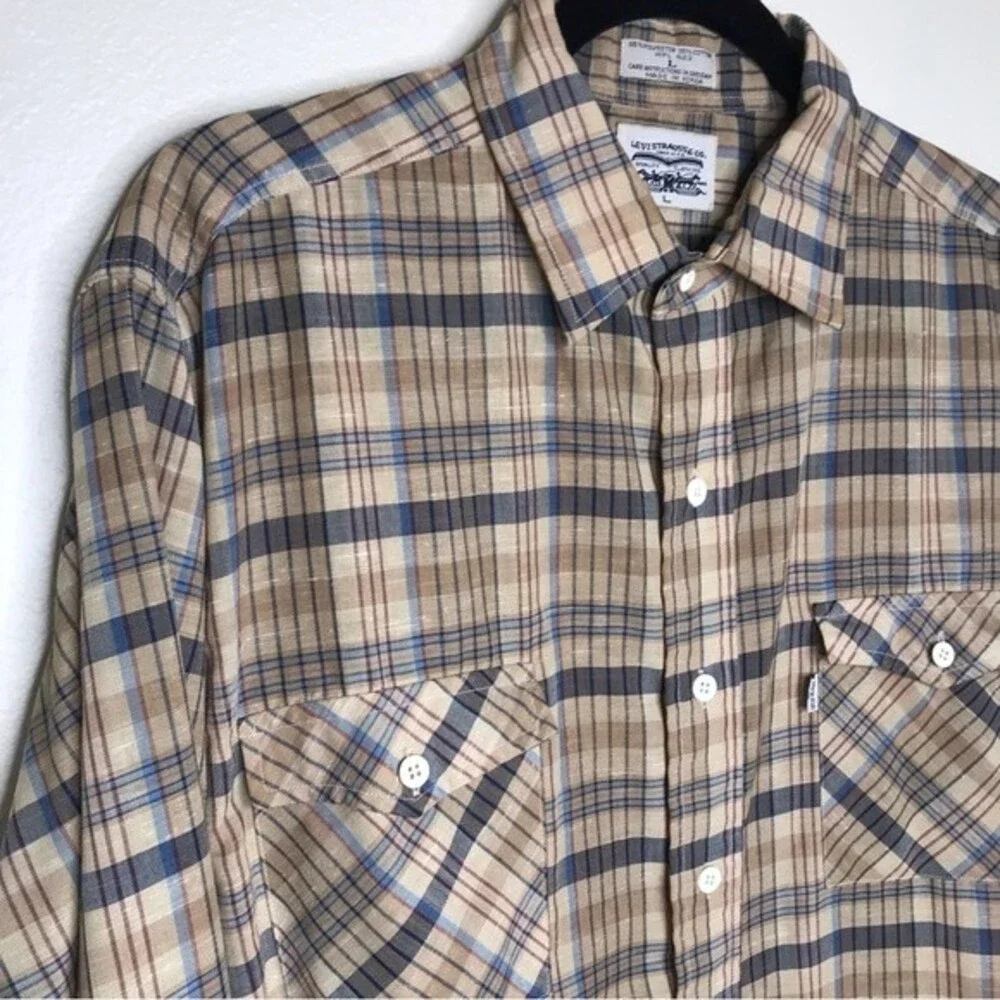 Vintage 1970s Levis Big E Tan Brown Plaid Button Front Long Sleeve Mens Large